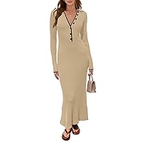 Women's Long Sleeve V Neck Sweater Dress Button Ribbed Knit Slim Fit Elegant Maxi Dresses