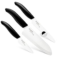 Kyocera Advanced Ceramics – Revolution Series 3-Piece Ceramic Knife Set: Includes 6-inch Chef's Knife; 5-inch Micro Serrated Knife; and 3-inch Paring Knife; Black Handles with White Blades