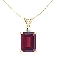Natural Rhodolite Garnet Emerald Cut Pendant Necklace with Diamond for Women in Sterling Silver / 14K Solid Gold
