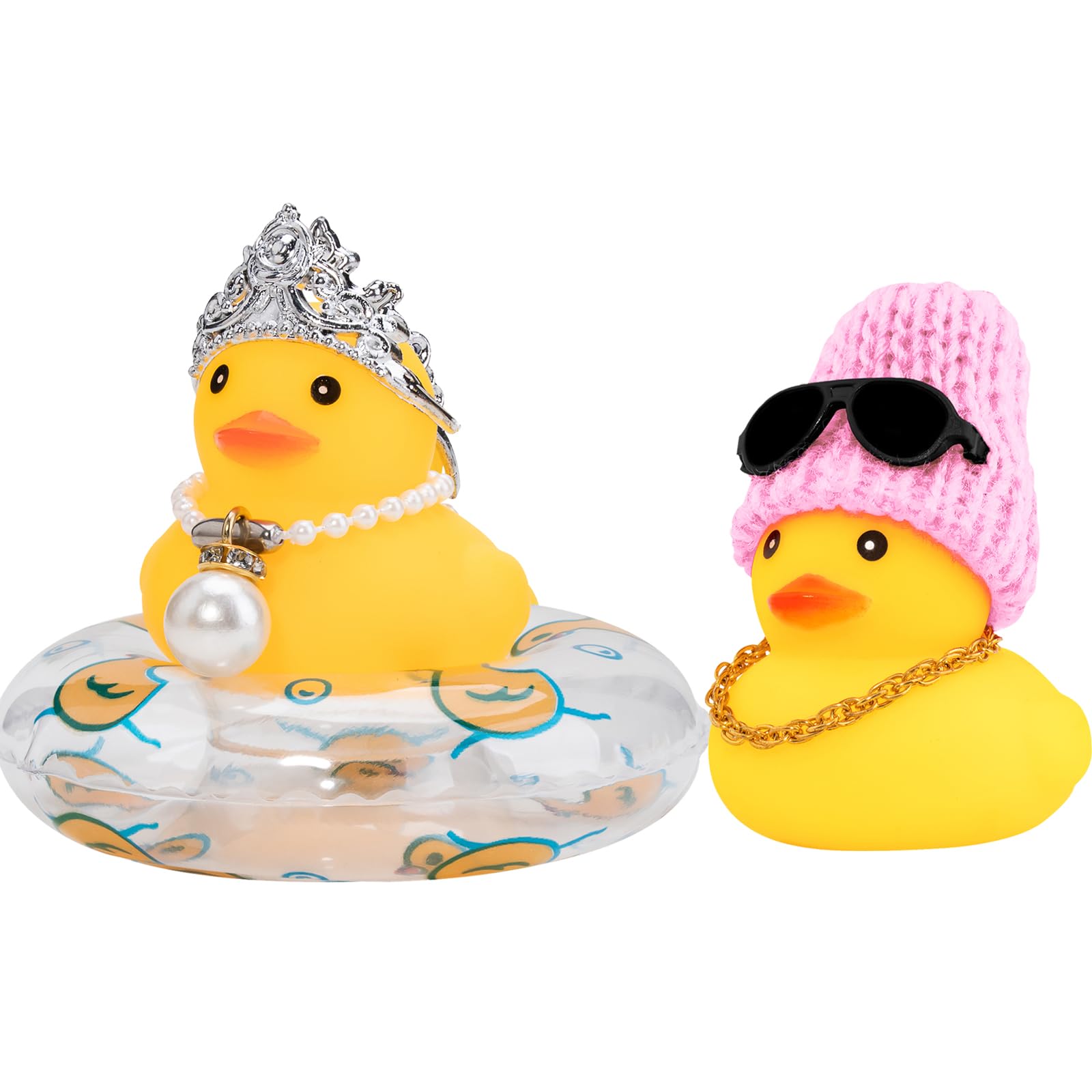 wonuu Swim Ring Rubber Ducks with Crown/Knitted Hat Sunglasses Pearl/Necklace for Cars Dashboard Decorations Car Accessories Duck Car Ornament, Queen+Pink