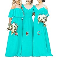 Women's Off Shoulder Long Bridesmaid Dresses Chiffon A-Line Evening Gown Size 17 Tiffany BlueA