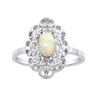 Diamond & Opal Ring Set In Sterling Silver Diamond Halo