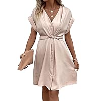 Solid Button Front Batwing Sleeve Dress - Casual V Neck A Line Knee Length Loose Fit Dress