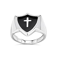 Personalize Unisex Black Onyx Inlay Wide Religious Christian Shield Cross Signet Ring For Women Men Teens .925 Sterling Silver Shinny Polished Customizable