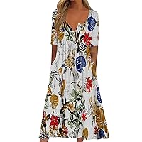 Women's Long Floral Print Button Large V Neckline Long Sleeve Double Pockets Knee Length Skirt Summer Dress 2024