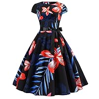 80S Dress, Pub Open Front Evening Dresses Ladies Elegant Holiday Short Sleeve Button Print Cocktail Relaxed