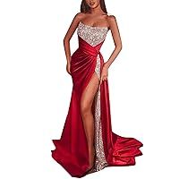 Women's Sequin Split Plus Long Dress Sexy Strapless Bustier Big Swing Dress Evening Dress Plus Size Lace