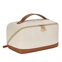 Telena Makeup Bag Large Capacity Travel Cosmetic Bag Portable PU Leather Water Resistant Makeup Organizer Bags for Women with Handle and Divider Open Flat Beige with Brown