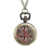 London Travel Icons Fashion Quartz Pocket Watch White Dial Arabic Numerals Scale Watch with Chain for Unisex