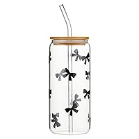 Glass Tumbler With Lid and Straw Glass Cup With Bamboo Lid, 20-Ounce, Bows