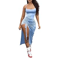 Women's Summer Sexy Plus Size Slip Dress Backless Wrinkled Split Slim Side Slit Solid Color Dresses for Women 2024