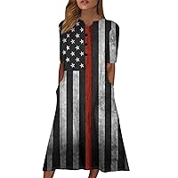 Women's Dresses 2024 Summer Casual Printed V-Neck Short Sleeve Swing Dress 4Th of July, S-2XL