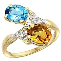 14k Yellow Gold Diamond Natural Swiss Blue Topaz & Citrine 2-stone Ring Oval 8x6mm, sizes 5 - 10
