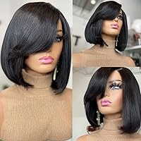 Short Cut Bob Human Hair Lace Front Wigs with Side Bangs Women Short Lace Wigs with Bangs Natural Black 13X4 Lace Frontal Wigs with Baby Hair Preplucked(10inch, 13X4 lace front wig 150Density)