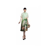 Qipao Chinese Elemental Silk Midi Green Dress with Hand-Buttoned Silk Cheongsam Dress Lotus 2716