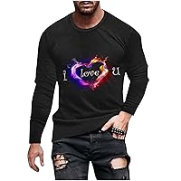 Men's Valentine's Day Love Heart Flame Print Tees Trendy Casual Long Sleeve T-Shirt Tops Crew Neck Solid Tshirt