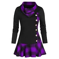 SNKSDGM Women Casual Long Hoodie Pullover Long Sleeve Cowl Neck Plaid Button Blouse Bodycon Tunic Tops Drawstring Sweatshirts