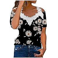 Long Sleeve Uniform Shirts for Girls Women Short Sleeve Tops Lace Splicing Cold Shoulder V Neck T Shirt Summer