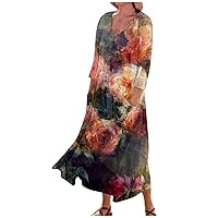 Women's Casual Dress with Pockets Summer Beach Floral Shirt Dress 3/4 Sleeve Maxi Dress Flowy Sundresses