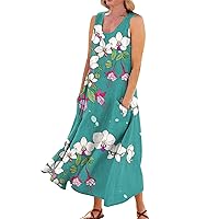 Women's 2023 Casual Temperament Crewneck Sleeveless Floral Print with Pocket Dress Beach Maxi Dress Flowy Sundress