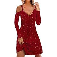 Maxi Dress for Women Women's Spring and Summer Sexy V Neck Sling Sequins Long Sleeved Dress