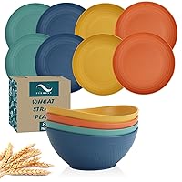 12 pcs Wheat Straw Dinnerware Set, Unbreakable Plastic Dish Set - Dinner Plates Salad Bowls, for Apartment Basics, Outdoor Camping - Multi color