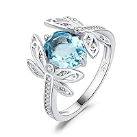 JewelryPalace Dragonfly 3.6ct Oval Genuine Blue Topaz Cocktail Rings for Her, 14K White Gold 925 Sterling Silver Promise Ring for Women, Natural Gemstone Jewellery Sets Rings