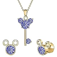 Created Round Cut Blue Tanzanite Gemstone 925 Sterling Silver 14K Rose Gold Over Diamond Mickey Mouse Key Stud Earring Pendant Necklace Jewelry Set for Women's & Girl's