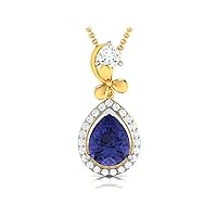 Flower With Pear Shape Lab Made Blue Sapphire 925 Sterling Silver Pendant Necklace with Cubic Zirconia Link Chain 18