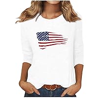 Deal of The Day 4th of July Cotton Shirt for Women 2024 American Flag Stripes Graphic 3/4 Sleeve Tops Independence Day Patriotic Crewneck Blouse Summer Tunic Tshirt Red and Blue T Shirts
