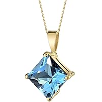 PEORA Solid 14K Yellow Gold Swiss Blue Topaz Pendant for Women, Genuine Gemstone Birthstone Classic Solitaire, 3 Carats Princess Cut 8mm