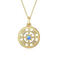 MRENITE Solid 14k Yellow Gold Round Compass Necklace with Blue Opal North Star Compass Pendant Nautical Travel Graduation Jewelry Gift for Women