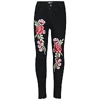 A2Z Kids Girls Stretchy Jeans Roses Embroidered Jet Black Denim Trousers Jeggings
