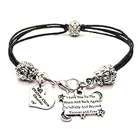 I Love You to the Moon and Back Again, to Infinity and Beyond, Pewter Beaded Black Waxed Cotton Cord Bracelet, 2.5