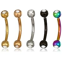 Mobody 5 Pieces CZ Jeweled Curved Eyebrow Ring Barbells Set Surgical Steel Belly Piercing Jewelry 16G, Silver, One Size
