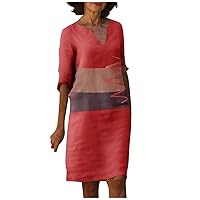 Modern Club Shift Dresses Womens Mother's Day Short Sleeve Slim Print for Ladies Cotton Cosy V Neck with Red XL