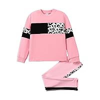 PATPAT Girls 2 Piece Outfits Leopard Color Block Tee Crew Neck Top Black Legging Girl Sweatpants Sweatsuits Tracksuits