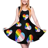 LGBT Rainbow Pride Flag Heart Women's Summer Round Neck Sleeveless High Waist Casual Mini Swing Dresses
