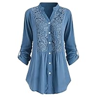 Womens Oversized Button Down Tunic Shirts V Neck Rolled Long Sleeve Elegant Blouses Loose Fit Lace Crochet Shirt