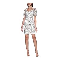 GUESS Womens White Zippered Sheer Lace Lined Tie Belt Darted Floral Pouf Sleeve Sweetheart Neckline Above The Knee Sheath Dress 16