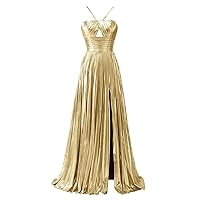 Women's Sparkly Metallic Prom Dresses Long with Slit Halter A Line Keyhole Satin Formal Evening Party Gowns
