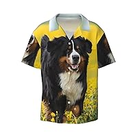 Happy Bernese Mountain Dog Men's Summer Short-Sleeved Shirts, Casual Shirts, Loose Fit with Pockets