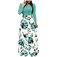 Boho Floral Patchwork Maxi Dress for Women High Waist Long Sleeve Crewn Neck Flowy A-Line Dresses 2024 Trendy Dress