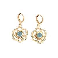Flower Design Aqua Chalcedony Dangle Earrings Round Shape Gold Plated Gemstone Handmade Clip-On Earrings Jewelry
