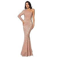 One Shoulder Long Sleeve Sequin Gowns Sparkly Mermaid Prom Dresses for Women Formal Evening Party