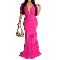 Womens Sexy Cap Sleeve Mesh Deep V Neck Lace Up Ruched Bodycon Party Clubwear Long Dress
