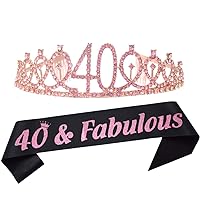 Happy 40th Birthday Pink Tiara and Sash Supplies 40 & Fabulous Glitter Sash and Crystal Crown for 40th Birthday Party Decorations Favors