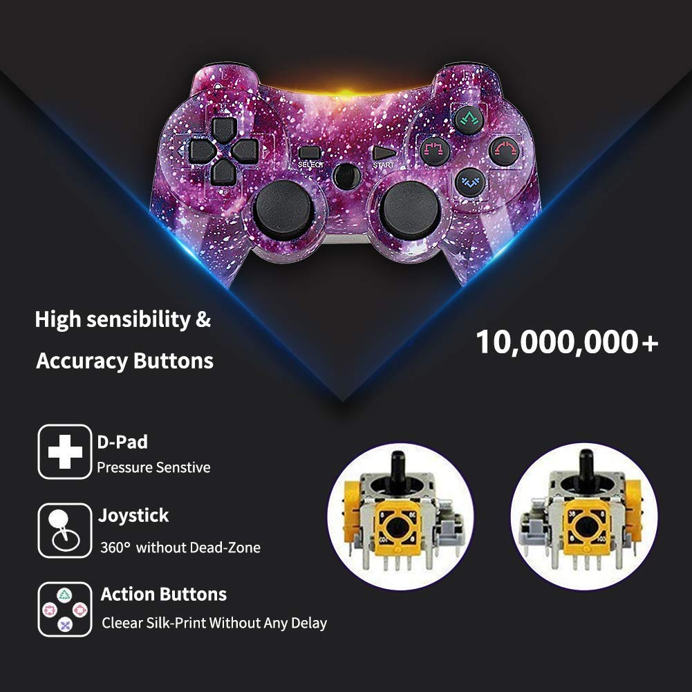 Kolopc Wireless Controller Compatible For PS3 Console, Double Vibration, 6-Axis Gyro Sensor, Upgraded Joystick Motion Gamepad with Charging Cable (StarrySky and Camouflage)