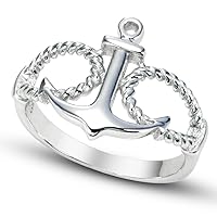 925 Sterling Silver Large Anchor and Rope Nautical Band Ring 9/16 inch (14 mm) long