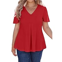 Women's Plus Size Tunic Tops Summer Short Sleeve V Neck Ruffle Blouse Pleated Casual Flowy Swing T Shirt